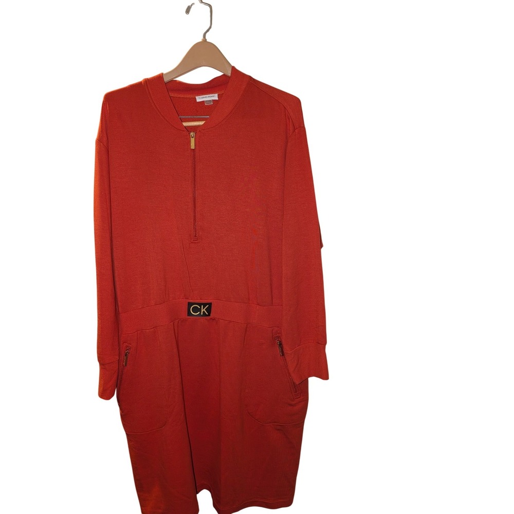 Calvin Klein Performance Orange Quarter Zip Sweatshirt Dress XL CK Logo Pocket